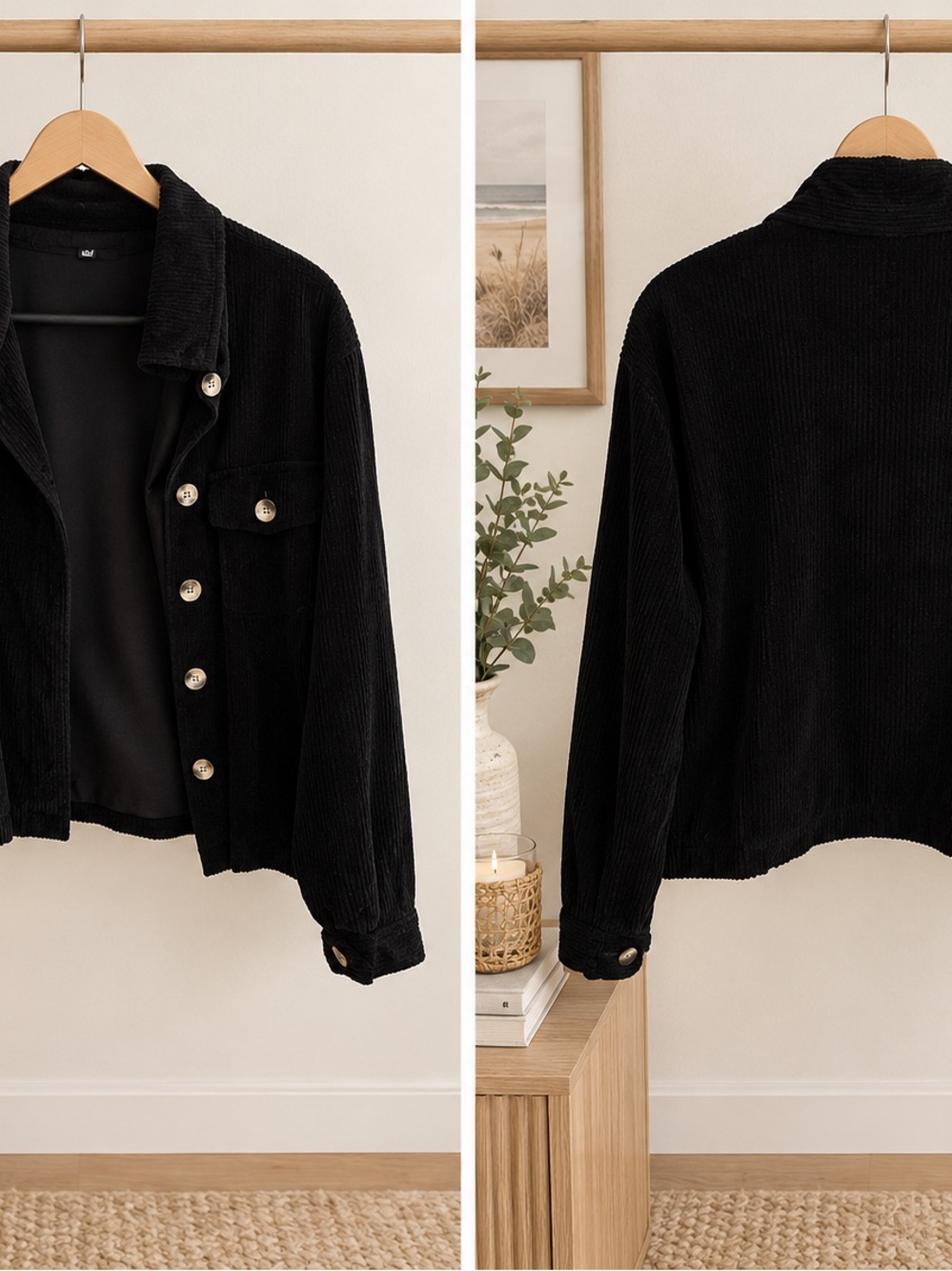 Black Corduroy Button-Front Bomber Jacket